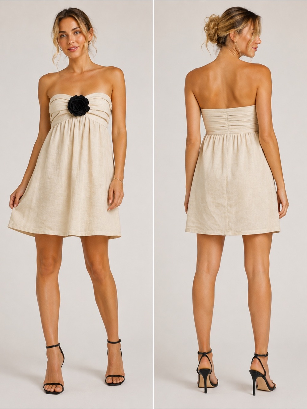 Prairie New York Dress L NWT $169 Linen Strapless Rosette Cream Black A-Line